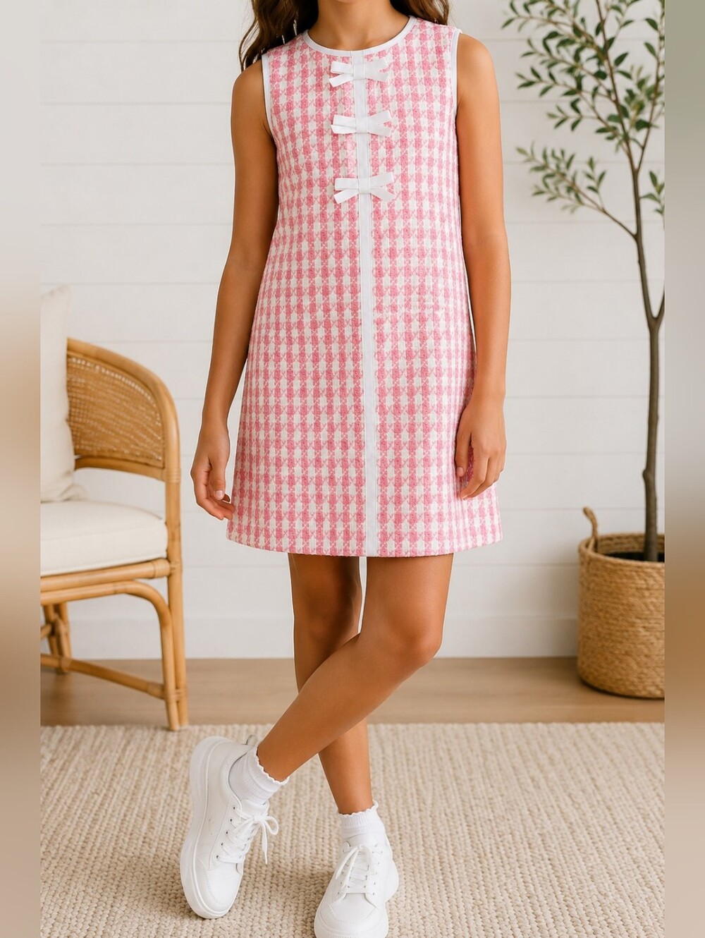 Lilly Pulitzer Girls Houndstooth Shift Dress – Size 12 – Pink & White Tweed w/Bo